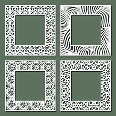 Set of carved square frames. White beautiful framing for paintings, photographs, mirrors. Template for plotter laser cutting of paper, fretwork, wood carving, metal engraving, cnc. Vector illustration