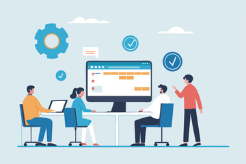 A flat design vector illustration of a businessman with a laptop, symbolizing business communication and technology concepts