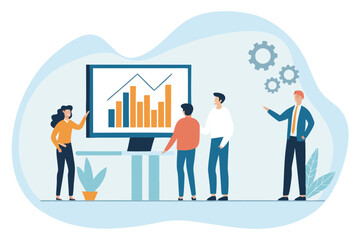 Business people and teams collaborate in an office meeting, analyzing charts and graphs for finance, marketing, and growth management, illustrating global success and teamwork