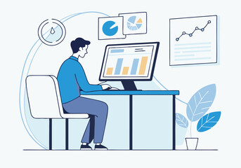 Cartoon businessman working on a laptop at his office desk