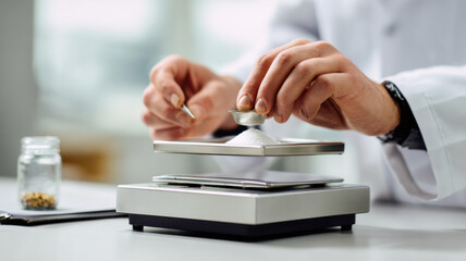 Scientist hands with precision measuring powder on a digital scale in a laboratory