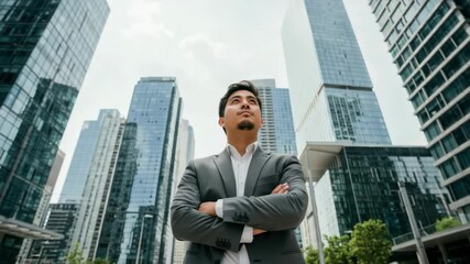 A confident businessman stands amidst towering skyscrapers, arms crossed, looking upward - Powered by Adobe