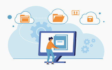 Businessmen with laptops and tablets communicate on a social network, symbolizing modern flat design internet technology for business management