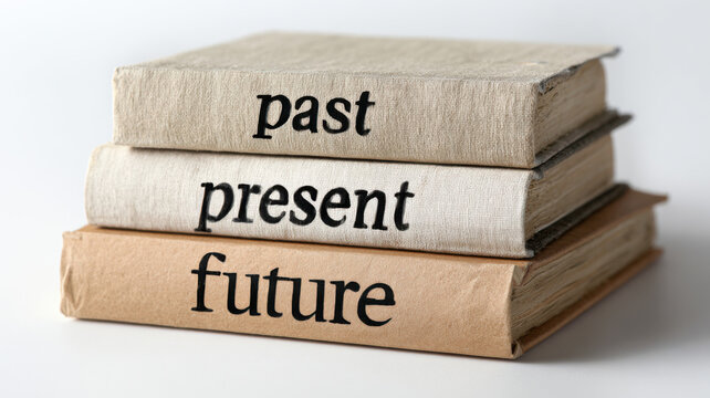 A stack of three books representing the past, present, and future, conveying a sense of knowledge and time