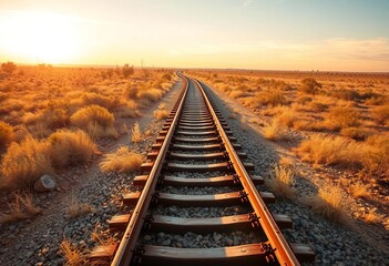 Obraz premium Golden hour sun bathes rusty railway tracks winding through dry Australian outback grasslands, railway, twilight