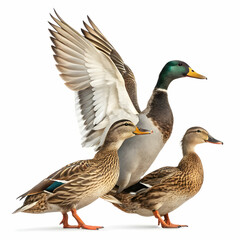 Obraz premium group of ducks walking together with colorful feathers, webbed feet, and natural body posture captured in motion isolated on white background