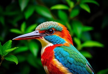 Fototapeta premium Intense gaze of Javan Kingfisher, vibrant plumage against lush green foliage, beautiful, closeup