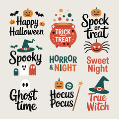 Fototapeta premium Nine Halloween Themed Designs Featuring Pumpkins Ghosts Witches and Bats vector
