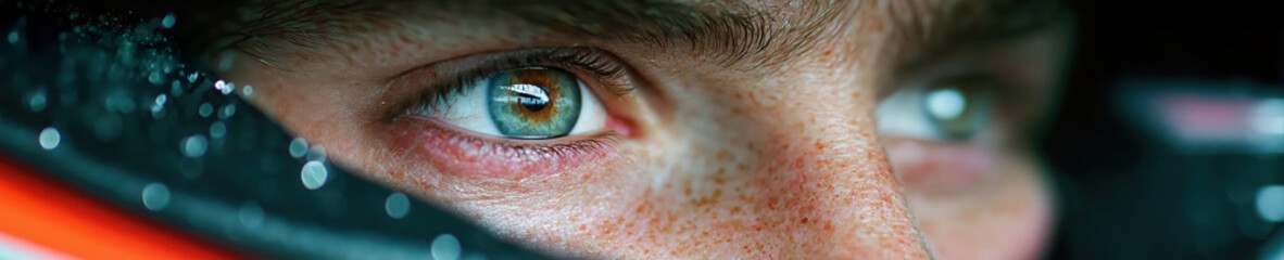 face of a man Formula One racer in sport helmet close-up