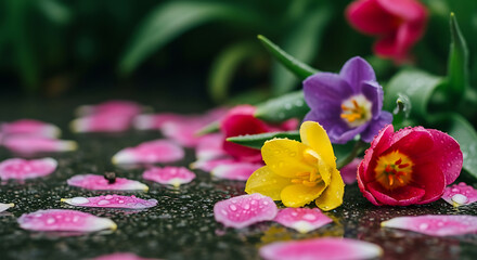 Vibrant Spring Flowers and Scattered Petals with Raindrops on a Wet Dark Surface