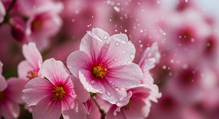 Close-up of delicate pink spring flowers adorned with sparkling water droplets, vibrant nature beauty