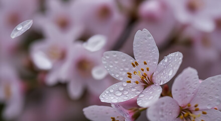 Delicate Pink Cherry Blossoms with Water Droplets and a Gracefully Falling Petal in Spring