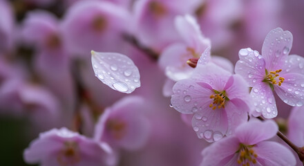Delicate Pink Blossoms with Raindrops and Floating Petal. Close-up of spring flowers glistening with water.