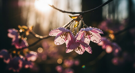 Luminous Pink Cherry Blossoms with Water Drops in Warm Sunlight