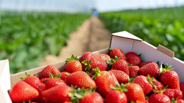 Freshly harvested ripe strawberries filling a cardboard box in a sunny greenhouse on a farm after berry picking