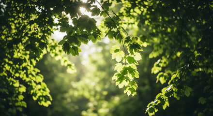 Lush green leaves backlit by bright sun in a serene forest