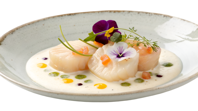 Seared scallops recipe with creamy sauce and edible flowers gourmet dish fine dining seafood presentation isolated on transparent background