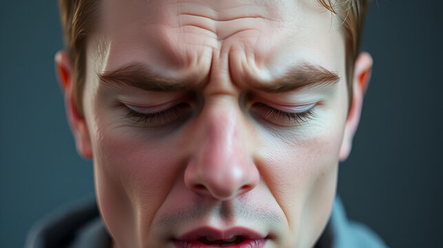 A young white man is experiencing blepharospasm with her eyes tightly shut and facial muscles tensed.