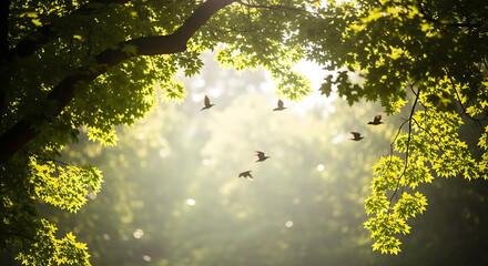 Birds Soaring Through Sunlit Forest Canopy with Golden Rays and Ethereal Mist