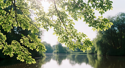 Bright green leaves framing a peaceful river with sun flare and reflections