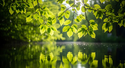 Vibrant Green Leaves Reflecting in Calm Water. Sunlit Foliage Over Serene Pond, Capturing Nature's Freshness and Tranquility