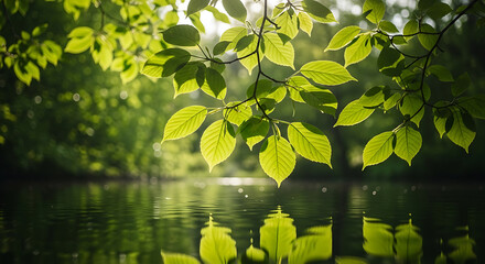 Vibrant Green Leaves Overhanging Calm Water with Sunlit Reflections in Lush Forest