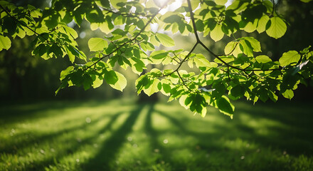 Sunlit Green Leaves and Golden Shadows on Lush Grass