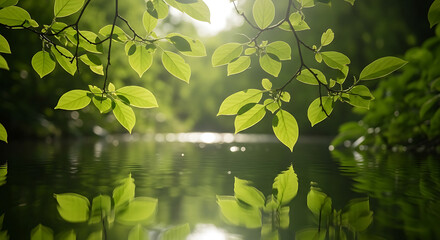 Sunlit Green Leaves Reflected in Tranquil Water, Serene Natural Background