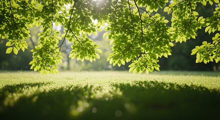 Bright Green Leaves in Sunlight Over Lush Green Grass Field with Shadows, Fresh Nature Background