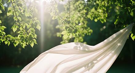 White fabric flowing gently in warm sunlit forest with vibrant green leaves, symbolizing freshness and nature's breeze.