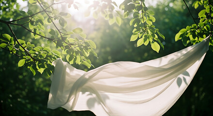 White fabric flowing in sunlit forest breeze, symbolizing freedom, nature, and tranquility.