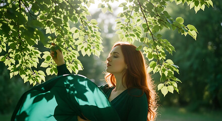 Woman with red hair finding peace under sunlit green leaves, holding a green umbrella in nature's embrace.