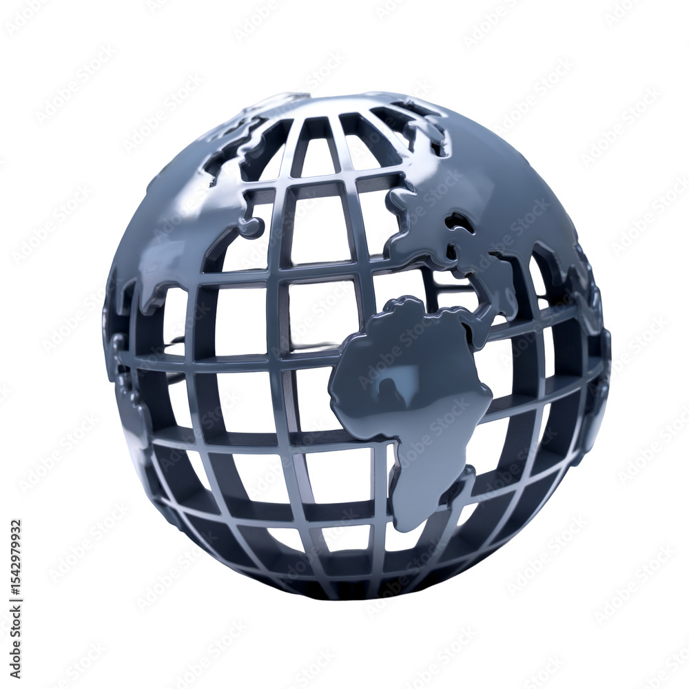 Aufkleber 3 d render of a dark gray metallic globe icon with a grid pattern isolated on a transparent backgrou