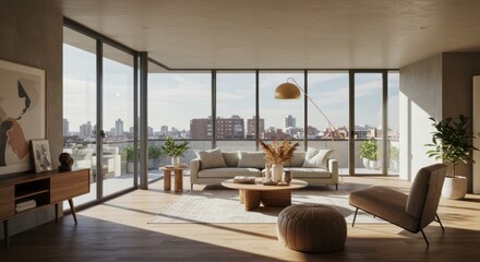 Fototapeta premium Modern Minimalist Apartment Design Open-Plan Living with City Views