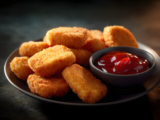 Crispy golden chicken nuggets on plate with ketchup dipping sauce.