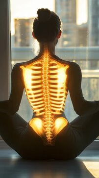 Woman meditating with glowing spine and skeleton overlay showing anatomy and inner body structure