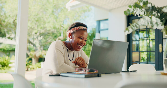 Video call, remote work and black woman on laptop in home for contact, online chat and virtual meeting. Communication, creative freelancer and earphones for discussion, talking and webinar on patio