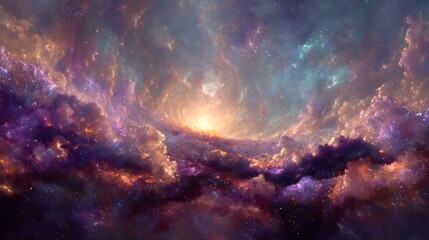 Fototapeta premium Newly forming galaxy emerging from cosmic dust, vibrant starbirth activity, radiant colors, smooth texture, ultra-realistic detail, no noise, no watermark, no text 