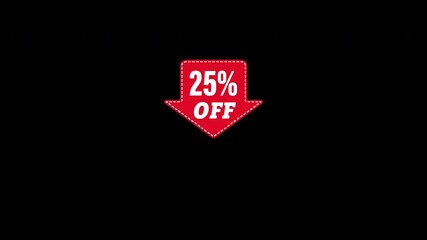 25 percent off. Arrow points to a product, item or service with a 25 percent discount. Animated banner for marketing and advertising