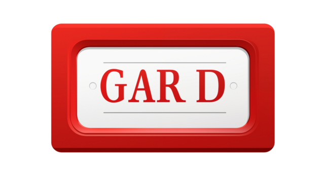 A red rectangular sign with the word gard in red letters on a white plate