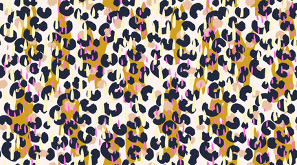Exotic abstract summer pattern. Vector bold yellow shapes, pink and yellow raindrop elements, and hand drawn animal spots. Modern, playful design for textiles, wrapping, digital backgrounds