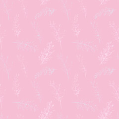 Seamless vector pattern with delicate hand drawn grass stems on a pastel pink background. Elegant and minimal, ideal for textiles, wallpapers, packaging, stationery