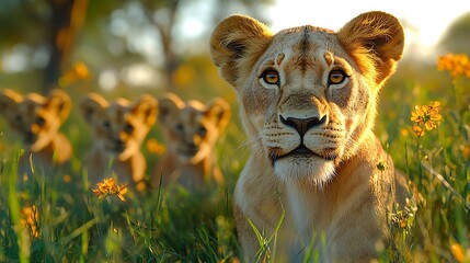 Majestic lion family enjoying golden light images