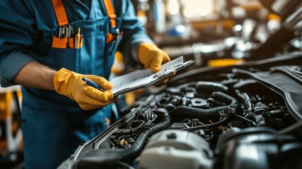 Mechanic wearing gloves inspects a car engine and records notes on a clipboard in a professional auto repair setting.
