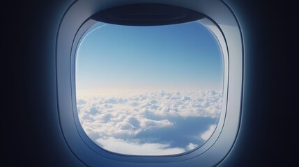 View of a bright blue sky and fluffy white clouds seen through an airplane window during flight.