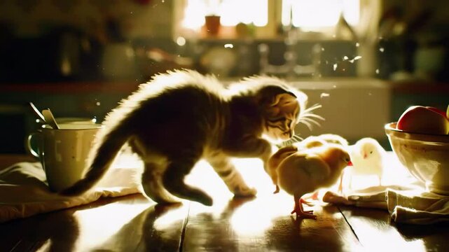 Curious kitten interacts with fluffy chicks in a sunlit kitchen atmosphere