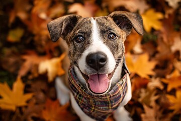Close-up of a dog with a plaid bandana sitting among a pile of autumn leaves, tongue out, happy expression, natural fall setting, sharp detail