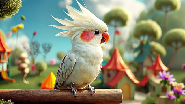 Bright cockatiel enjoying its playful surroundings on a sunny day, Pretty domestic cockatiel parrot in his playground
