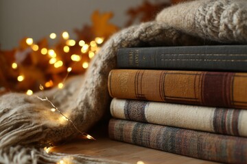 Close-up of a stack of cozy books with autumn-themed covers, fairy lights around them, a wool throw partially draped, warm golden tones