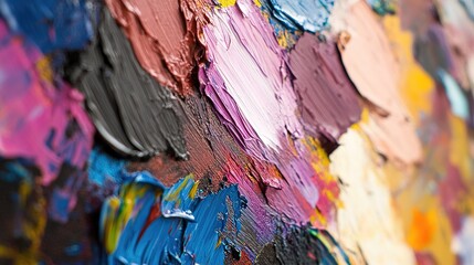 Close-up of vibrant, textured oil paint strokes blending multiple colors on a canvas, showcasing artistic detail and creativity.